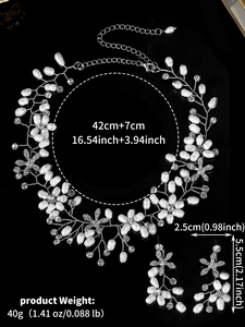 Detailed view of handmade pearl necklace and floral rhinestone earrings with measurements