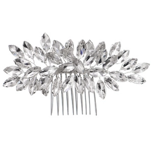 Detail of silver wedding hair comb featuring marquise-cut crystal leaves and rhinestones