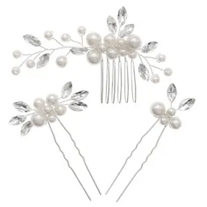 Detailed view of silver bridal hair comb set with marquise rhinestones and white pearls