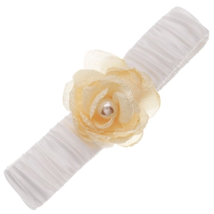 Elegant white ruffled elastic bridal leg garter with fabric flower and pearl accent