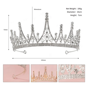 Detail view of crystal rhinestone tiara showing 15cm width and golden alloy structure