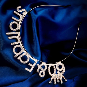 Golden 60th birthday headband with Fabulous letters and crown rhinestones on blue silk