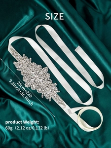 Detail of silver bridal sash with dimensions 25cm rhinestone piece and 220cm ribbon