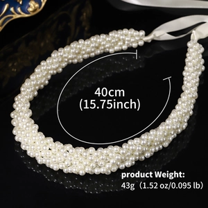 Detail view of 40cm heavy-duty beaded bridal belt with white pearls and silk ribbons