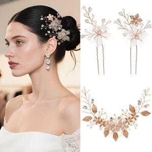 Handmade Flower Bridal Hair Accessory Gold Alloy Voile Leaf Hair Pins And Hair Vine Artificial Pearl Crystal Wedding Party Women