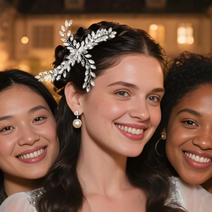 Sparkling crystal feather hair comb worn by models for elegant wedding hair styling