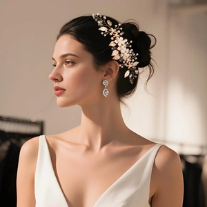 Close-up of golden leaf bridal hair comb with white flowers and matching pearl earrings