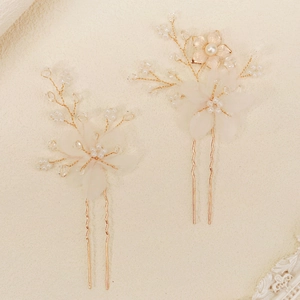 Handmade bridal hair pins set with tulle flowers, pearls and crystals in gold finish