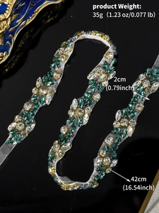 Detailed view of hand-stitched crystal bridal belt with precise dimensions and weight
