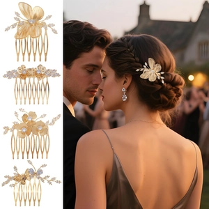 Peigne à Cheveux de Mariée en Alliage Doré avec Fleur et Papillon en Zircon pour Femmes Accessoires de Bijoux de Cheveux de Banquet