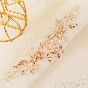 Fairy bridal hair vine with gold leaves, pink fabric flowers, and crystal pearls