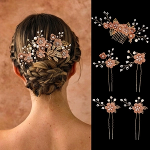 Bridal Hair Accessories Collection Pink Fabric Flower Gold Alloy Leaf Imitation Artificial Pearl Rhinestone Wedding Jewelry Decor