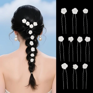 Handmade White Polymer Clay Floral Hair Pins With Artificial Pearl U Shaped Metal Hair Fork For Wedding Bridal Women Hair Jewelry