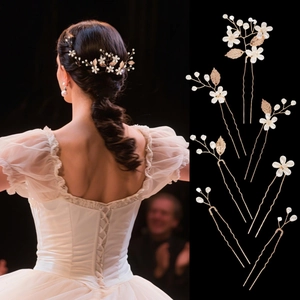 Handmade Gold Leaf Artificial Pearl Hair Stick Set For Wedding Bridal Banquet Party Women U-Shaped Hairpin Jewelry