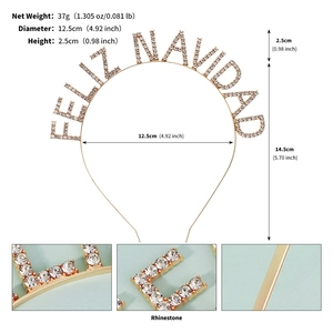 Detailed macro view showing rhinestone Feliz Navidad letters and metal headband welding