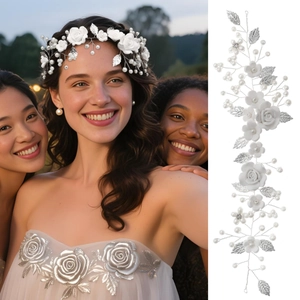White Clay Flower Bridal Headband Silver Leaf Faux Artificial Pearl Wedding Hair Vine Bohemian Floral Hair Accessory For Women