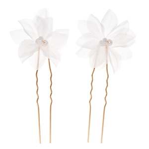Paire d'épingles à cheveux élégantes avec fleurs en tulle blanc et clips dorés en U