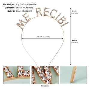 Detailed view of the ME RECIBI rhinestone metal headband with 12.5cm diameter measurements