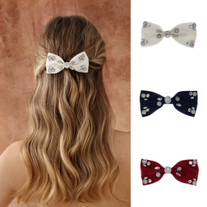Sweet Satin Bow Hair Clip With Rhinestone Elegant Spring Clip Hairpin For Women Girls Party Daily Hair Accessories