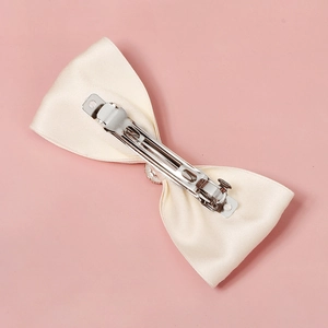 Sweet cream satin bow hair clip with sparkling rhinestones and silver spring fastener