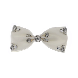 Elegant white satin bow hair clip with sparkling rhinestones for princess hairstyle decor