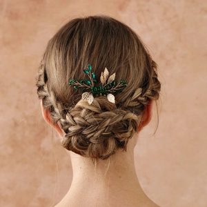 Vintage Forest Style Handmade Gold Leaf Green Beaded Bridal Hair Comb Gold Alloy Rhinestone Wedding Party Hair Accessories