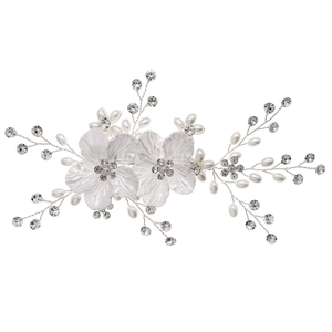 Peigne à cheveux de mariée avec fleurs blanches en acrylique, perles et strass brillants