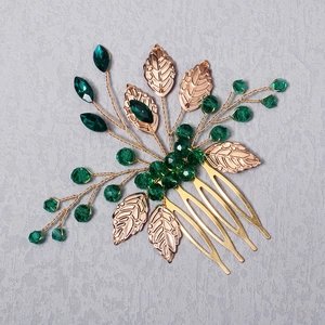 Handmade gold leaf hair comb with green crystal beads for vintage bridal hairstyle