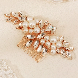 Elegant rose gold bridal hair comb with pearls and marquise crystals for wedding hair
