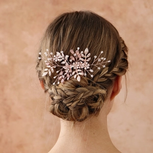 Peigne à Cheveux de Mariage en Alliage d'Or Rose Forme Fleur et Feuille Avec Strass et Perle Artificielle Bijoux Femme