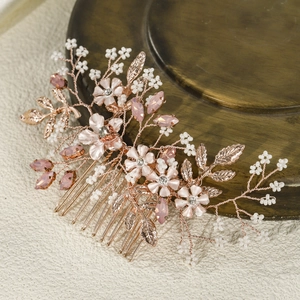Peigne à cheveux avec pierres roses, perles et feuilles or rose pour coiffures de mariée