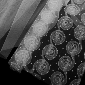 Détail de dentelle blanche pour voile de mariée avec broderie de roses en relief
