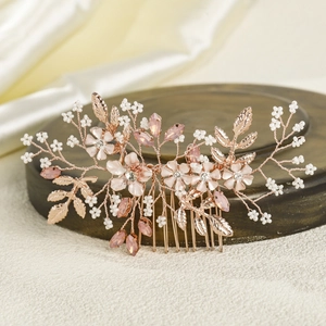 Peigne à cheveux fleurs en cristal rose et feuilles or rose pour coiffure de mariée