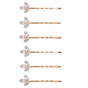 Détail de six barrettes dorées en forme de feuille avec cristaux marquise en lot