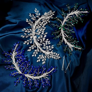 Luxury handmade bridal crystal headbands in silver, emerald, and royal blue tones