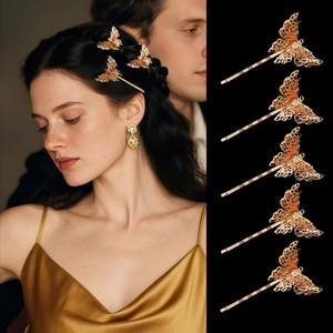 Vintage Gold 3D Butterfly Hair Clip Set Iron Rhinestone Bobby Pin Bridal Wedding Chinese Style Hair Accessories for Women
