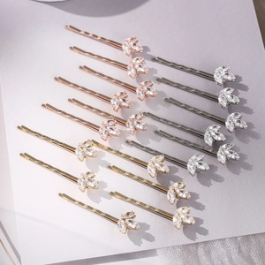 Élégant Lot de Pinces à Cheveux en Cuivre et Zirconia Forme de Feuille pour Femme Mariage Barrettes Électroplaquées Or Argent Or Rose