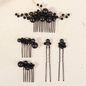Black pearl hair clip set with combs and pins for Halloween Gothic party headwear