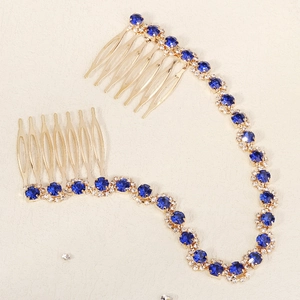 Détails de peignes à cheveux dorés pour mariée avec strass bleu saphir et petits cristaux