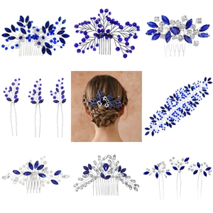 Peigne à Cheveux Mariée Élégant Strass Bleu Saphir Fait à la Main Cristal Künstliche Perle Branche de Feuille Coiffe Mariage Accessoires