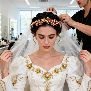 Detailed close-up of handmade gold flower headband with pearls and vintage bridal embroidery