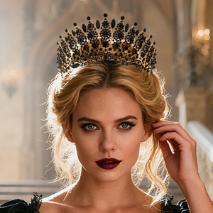 Detail shot of a black baroque crown with gold filigree and crystals on a model