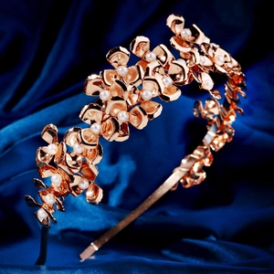French vintage rose gold floral headband with woven metal petals and elegant pearls