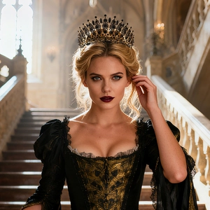 Luxurious black baroque tiara crown set with elegant black stones on a royal model