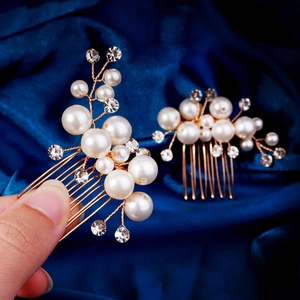 Handmade bridal hair comb set with white pearls and sparkling rhinestones on gold wire