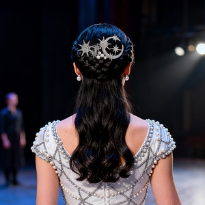 Bridal star and moon hair comb with rhinestones and pearls on model in white dress