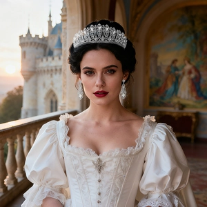 Luxurious bridal jewelry set with crystal crown and earrings worn by model at sunset