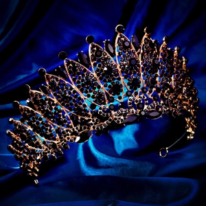 Luxurious black Baroque tiara with gold frame on blue silk for pageant and party