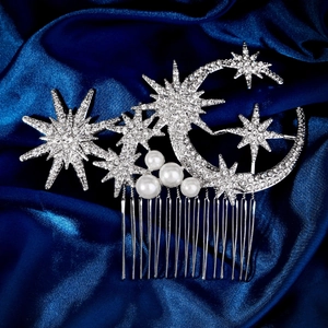 Vintage Silver Alloy Star Moon Hair Comb With Rhinestone Imitation Artificial Pearl Sparkly Bridal Wedding Hair Accessory For Women