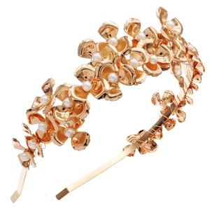 French vintage golden flower headband with woven metal petals and white pearls for brides